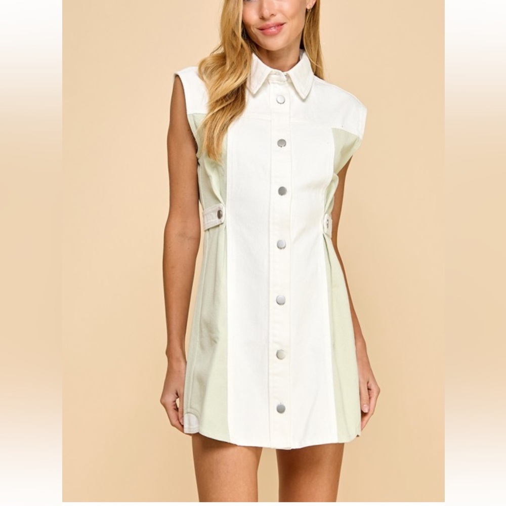 Sleeveless Button-Down Dress in Cream 
Available in small / medium / large